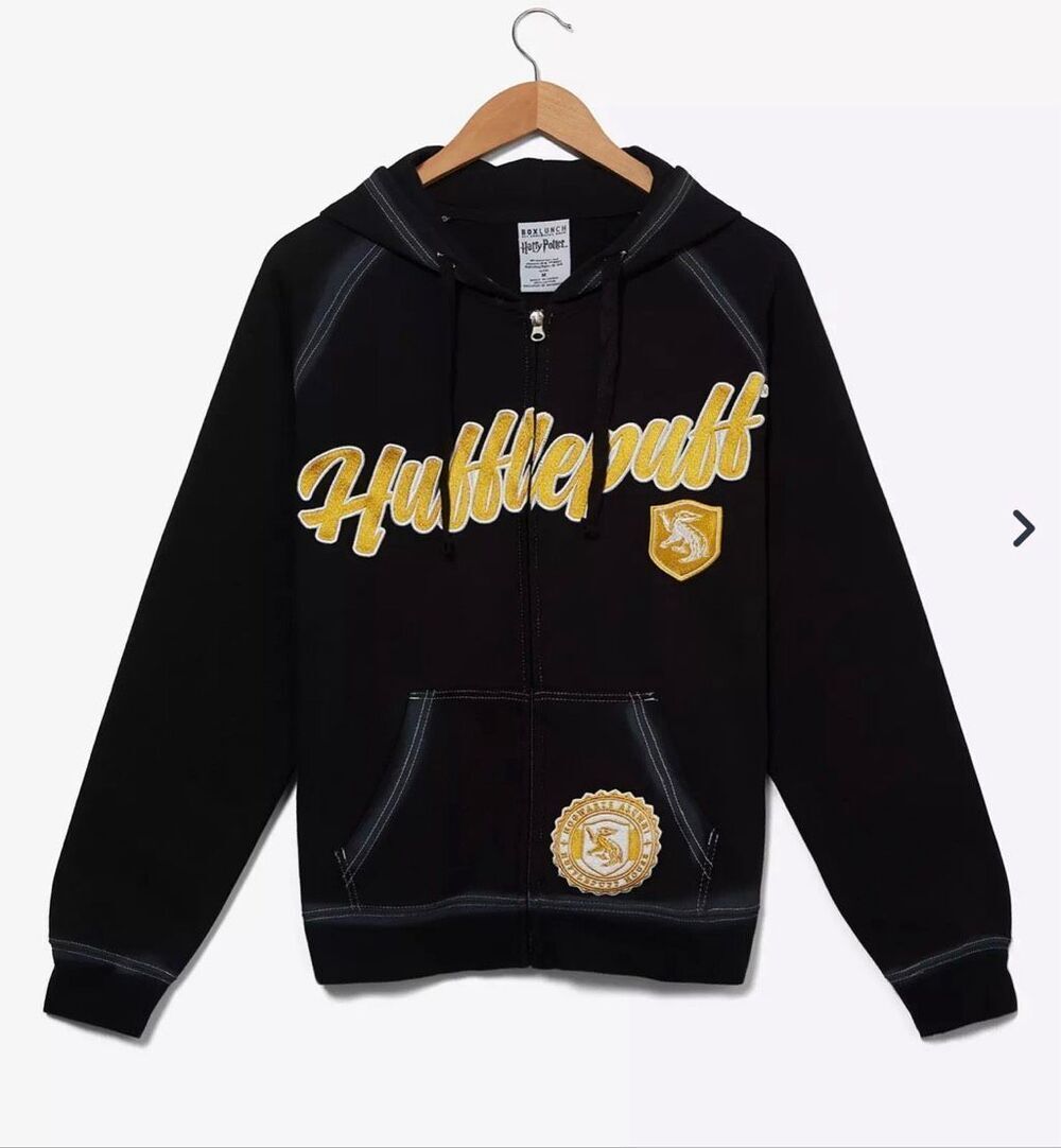 Harry Potter Hufflepuff Embroidered Zippered Hoodie Black Size Small